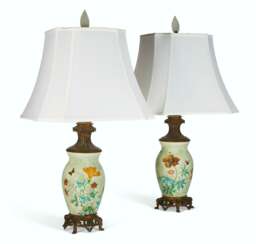 A PAIR OF GILT-METAL MOUNTED THEODORE DECK FAIENCE CELADON-GROUND LAMPS