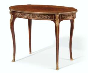 A FRENCH ORMOLU-MOUNTED MAHOGANY AND BOIS SATINE PARQUETRY CENTER TABLE