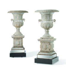 A PAIR OF MONUMENTAL BEADWORK, CUT AND MIRROR GLASS VASES ON STANDS, FITTED AS LAMPS