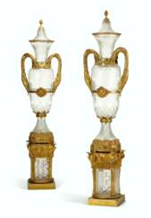 A MASSIVE PAIR OF ORMOLU AND CUT-GLASS VASES ON STANDS