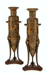 A PAIR OF FRENCH NEO-GREC PARCEL-GILT, PATINATED BRONZE AND ROUGE GRIOTTE VASES