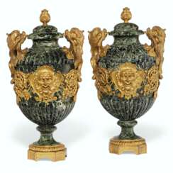 A PAIR OF FRENCH ORMOLU-MOUNTED VERT DE MER VASES AND COVERS
