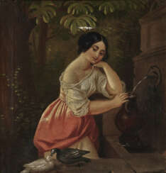 Unbekannt 19. Jahrhundert , Junge Frau am Brunnen Am Beckenrand turtelndes Taubenpaar.