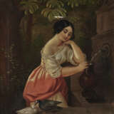 Unbekannt 19. Jahrhundert , Junge Frau am Brunnen Am Beckenrand turtelndes Taubenpaar. - фото 1