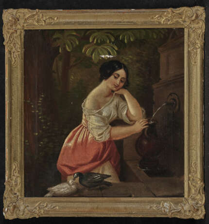 Unbekannt 19. Jahrhundert , Junge Frau am Brunnen Am Beckenrand turtelndes Taubenpaar. - Foto 2