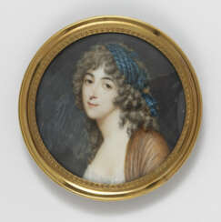 Frankreich, Ende 18. Jahrhundert , Bildnis einer jungen Dame mit blauem Kopfputz