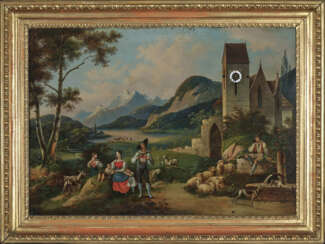 Bilderuhr "Hirtenidyll im Berchtesgadener Land", Süddeutsch, 1. Drittel 19. Jahrhundert