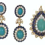 VAN CLEEF & ARPELS TURQUOISE, SAPPHIRE AND DIAMOND EARRINGS WITH UNSIGNED BROOCH - Foto 1