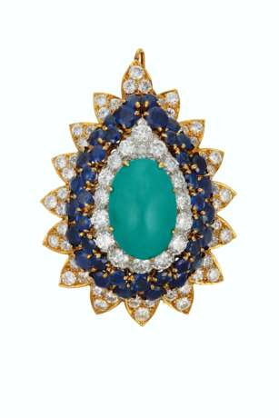 VAN CLEEF & ARPELS TURQUOISE, SAPPHIRE AND DIAMOND EARRINGS WITH UNSIGNED BROOCH - Foto 4