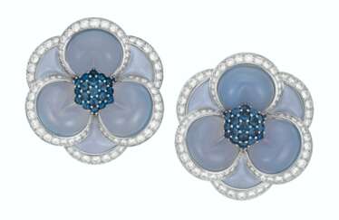 VAN CLEEF &amp; ARPELS PAIR OF CHALCEDONY, SAPPHIRE AND DIAMOND &#39;BLUE GARDENIA&#39; CLIP-BROOCHES