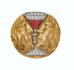 ALEMANY AND ERTMAN FOR SALVADOR DALI GARNET, DIAMOND AND GOLD &#39;TRISTAN AND ISOLDE&#39; BROOCH