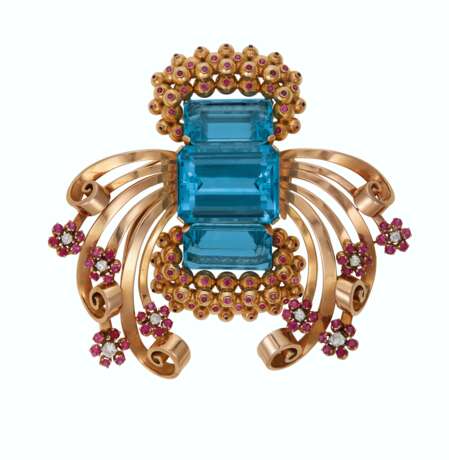 RETRO AQUAMARINE, RUBY AND DIAMOND CLIP-BROOCH - Foto 1