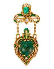 MARCUS &amp; CO. ART NOUVEAU EMERALD, ENAMEL AND DIAMOND WATCH-BROOCH