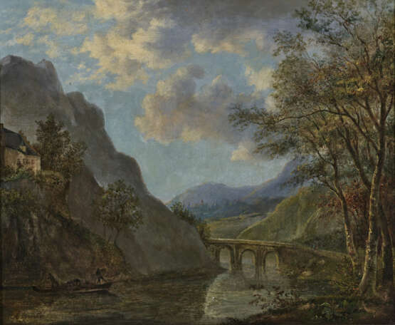 Adam Pynacker, Gebirgige Flusslandschaft mit Steinbrücke Links unten signiert. - Foto 1