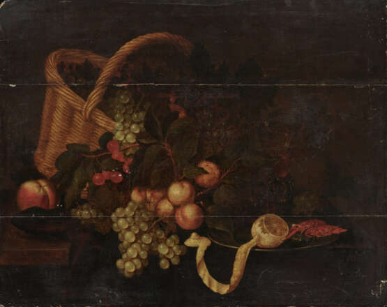 Niederlande 17. Jahrhundert , Stillleben mit Früchten, Korb, einem Weinglas und einem Zinnteller mit Garnelen und Zitrone - фото 1