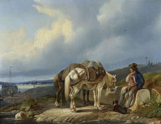 Johann Adam Klein, zugeschrieben , Rastender Händler mit zwei Pferden am Flussufer - photo 1