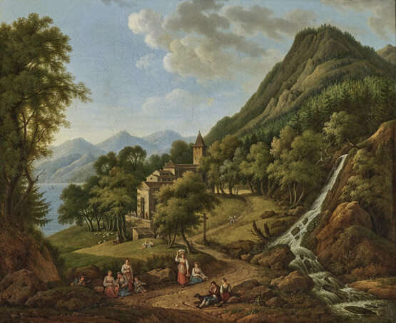 Gabriel (Matthias Gabriel) Lory, zugeschrieben , Sonntagsfriede Lagernde Landleute bei einer Kirche über einem Gebirgssee. - Foto 1