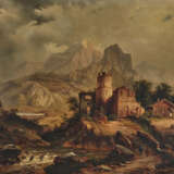 Deutsch Mitte 19. Jahrhundert , Gebirgslandschaft mit Ruine und Almhütte - Foto 1