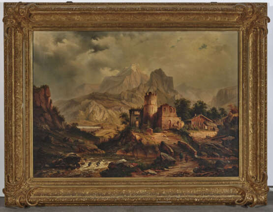 Deutsch Mitte 19. Jahrhundert , Gebirgslandschaft mit Ruine und Almhütte - photo 2