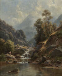 Paul Weber, Angler an einem Wasserfall im Gebirge 
