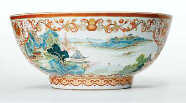 A VERY UNUSUAL CHINESE EXPORT FAMILLE ROSE, IRON-RED AND GILT PORCELAIN PUNCHBOWL