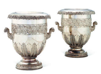 A PAIR OF GEORGE IV SHEFFIELD-PLATED MONUMENTAL TWO-HANDLED JARDINIERE VASES