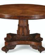 Furniture set. A WILLIAM IV OAK AND TULIPWOOD-BANDED BREAKFAST TABLE