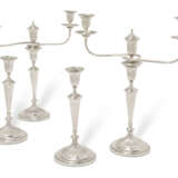 A PAIR OF GEORGE III SILVER THREE-LIGHT CANDELABRA AND A MATCHING PAIR OF GEORGE IV SILVER CANDLESTICKS - photo 1