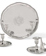 Fuller White. A GEORGE III SILVER SALVER AND TWO GEORGE III SILVER CHAMBER CANDLESTICKS