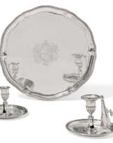 A GEORGE III SILVER SALVER AND TWO GEORGE III SILVER CHAMBER CANDLESTICKS
