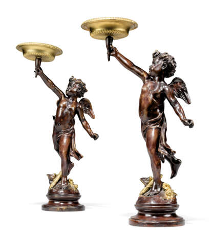 A PAIR OF PATINATED, PARCEL-GILT AND LACQUERED BRONZE FIGURAL TORCHERES - photo 1