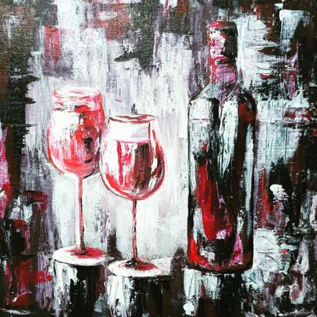 Red Wine Bottle Toile sur le sous-châssis Couteau à peindre Art abstrait Nature morte Géorgie 2021 - photo 2