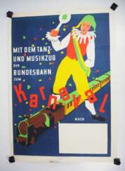 Plakat mit dem Tanz- und Musikzug der Bundesbahn zum Karneval.