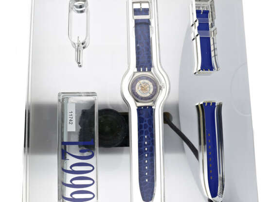 Armbanduhr: vintage Swatch-Rarität, limitierte "Tresor Magique Ref. SAZ 101 Automatic" in Platin mit kompletter Originalbox, 1993 - photo 1