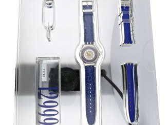 Armbanduhr: vintage Swatch-Rarität, limitierte "Tresor Magique Ref. SAZ 101 Automatic" in Platin mit kompletter Originalbox, 1993