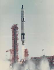 Launch of the Titan Rocket: 2 photographs of Gemini V as it lifts off from Cape Kennedy, Florida, 21 August, 1965