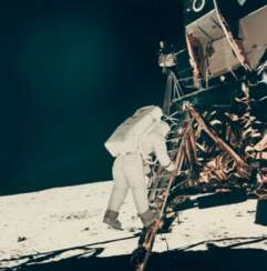 Buzz Aldrin descending to the footpad of the lunar module "Eagle", July 16-24, 1969