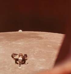 Two views of lunar module "Eagle" before the lunar horizon and Earthrise, July 16-24, 1969