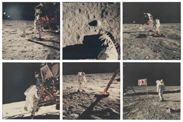 Snapshots of history: six photographs of the Apollo 11 Moon landing including Buzz Aldrin and the American flag; descending the lunar module; footpring on the lunar surface; unfurling the solar wind experiment, July 16-24, 1969
