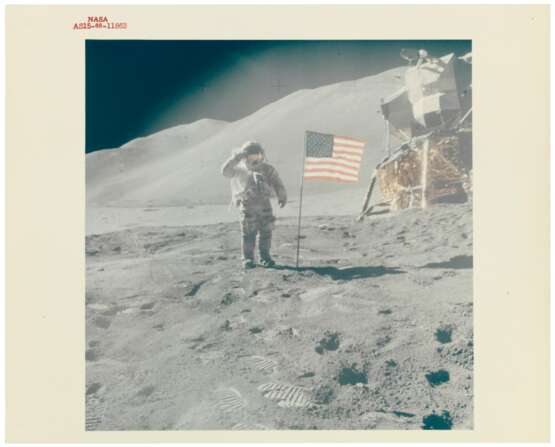 NASA. Saluting the flag: Astronaut David Scott performs military salute beside American flag and lunar module "Falcon", Hadley Delta beyond, July 26-August 7, 1971 - photo 2