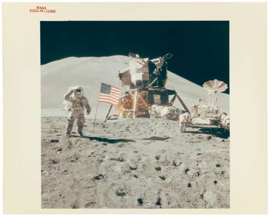 NASA. Saluting the flag: Astronaut David Scott performs military salute beside American flag, lunar module "Falcon" and lunar rover, Hadley Delta beyond, July 26-August 7, 1971 - photo 2