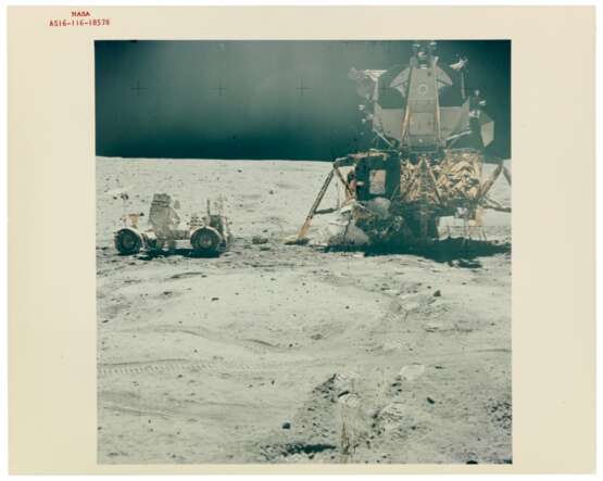 NASA. Experiments on the Moon: astronaut John Young beside the lunar rover and lunar module "Orion"; sun-drenched view of "thumper" imprints on the lunar surface; lunar rover parked on the slopes of Stone mountain, April 16-27, 1972 - фото 2