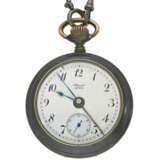 Taschenuhr: eiserne Taschenuhr mit Wecker/Alarm und Original Kette, ca. 1915 - Foto 1