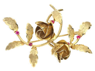 Brosche: dekorative Blütenbrosche, mit kleinen Rubinen besetzt, vintage Goldschmiedearbeit "Rose"