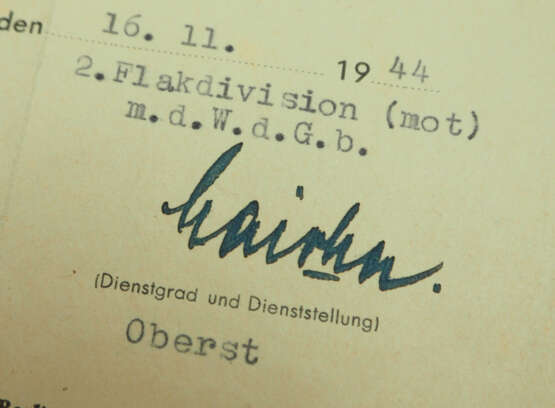 Flakkampfabzeichen der Luftwaffe Urkunde für einen Obergefreiten der 8./II./ Flaksturmregiment 22 (mot). - photo 2
