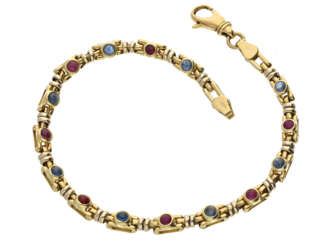 Armband: zierliches, sehr dekoratives Saphir/Rubin-Goldschmiedearmband aus 18K Gold
