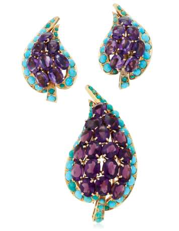 AMETHYST AND TURQUOISE EARRINGS AND BROOCH - Foto 1