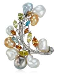 DIAMOND, TREATED COLORED DIAMOND AND CULTURED PEARL BROOCH