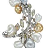 DIAMOND, TREATED COLORED DIAMOND AND CULTURED PEARL BROOCH - photo 3
