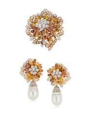 MASSONI DIAMOND, COLORED DIAMOND AND CULTURED PEARL EARRINGS AND BROOCH